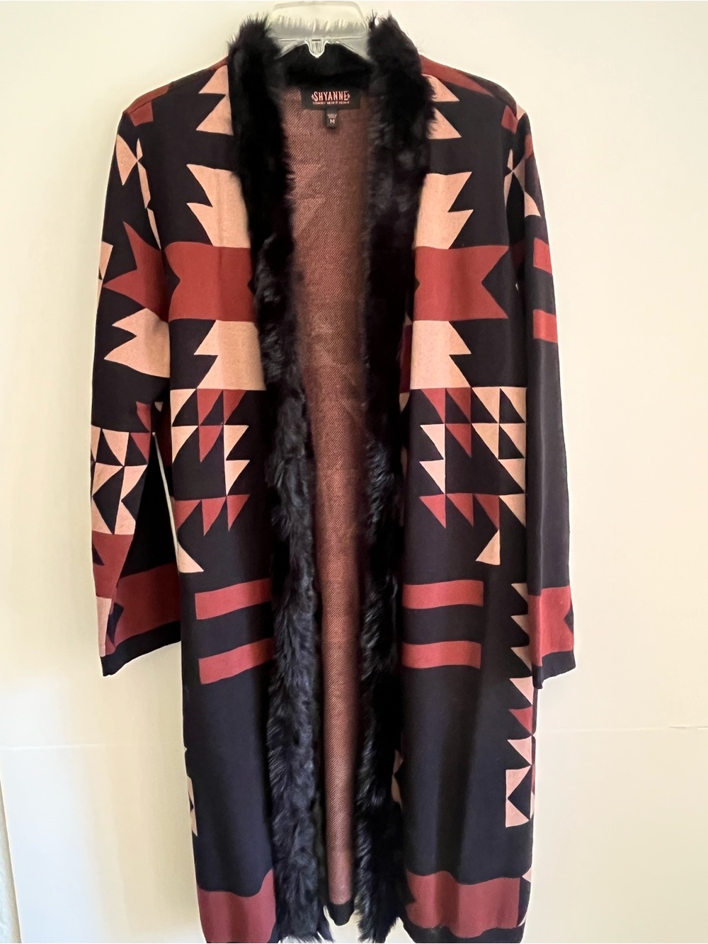 Shyanne Black, Rust Cream Cowgirl Open-Front Coat Faux-Fur Trim Long Western M